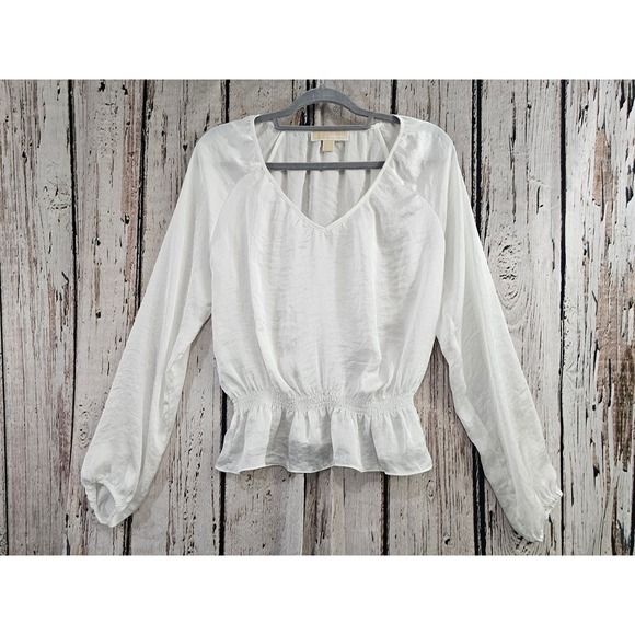 Michael Kors Tops - Michael Kors Peplum Blouse Women Size S White Smocked V-Neck Satin Cropped EUC